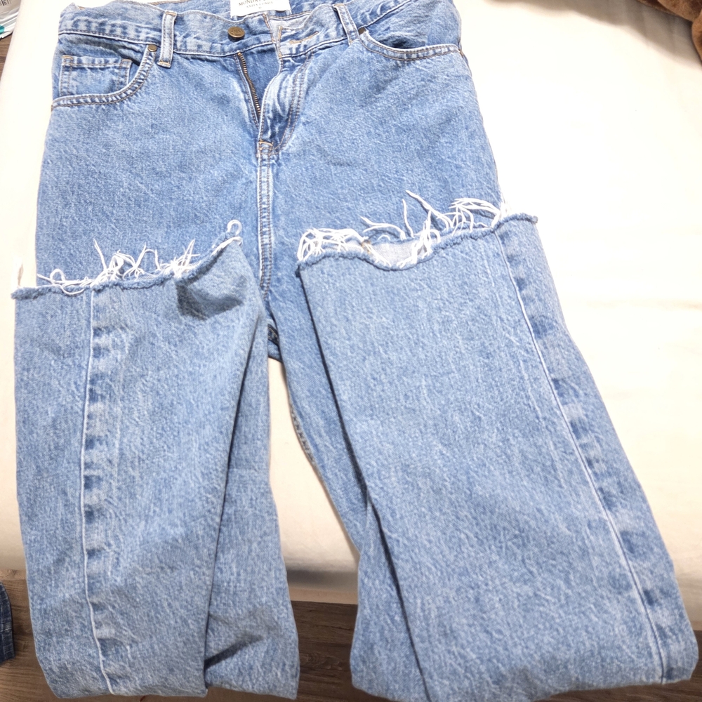 Blue Straight Leg Distressed Jeans